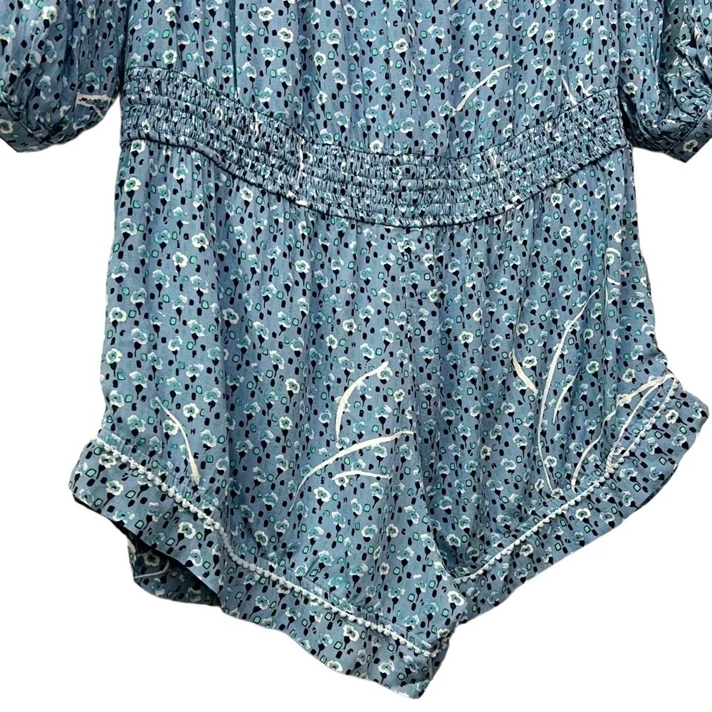 Poupette St. Barth Short Jumpsuit Clara Off Shoulder Blue Geo Flower Print L